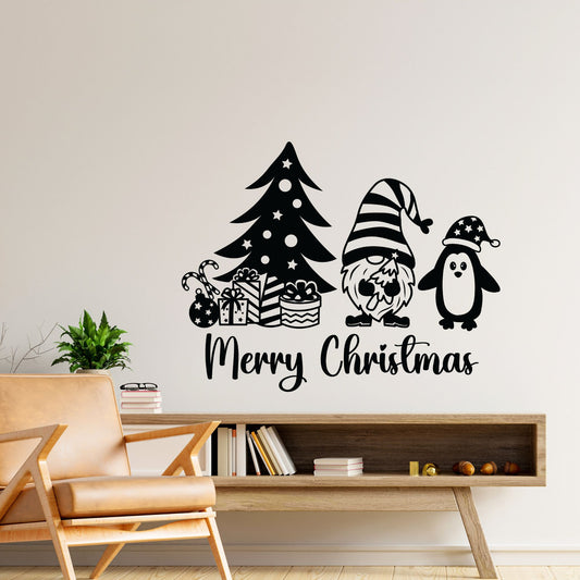Merry Christmas Tree Gnome Penguin Wall Decal