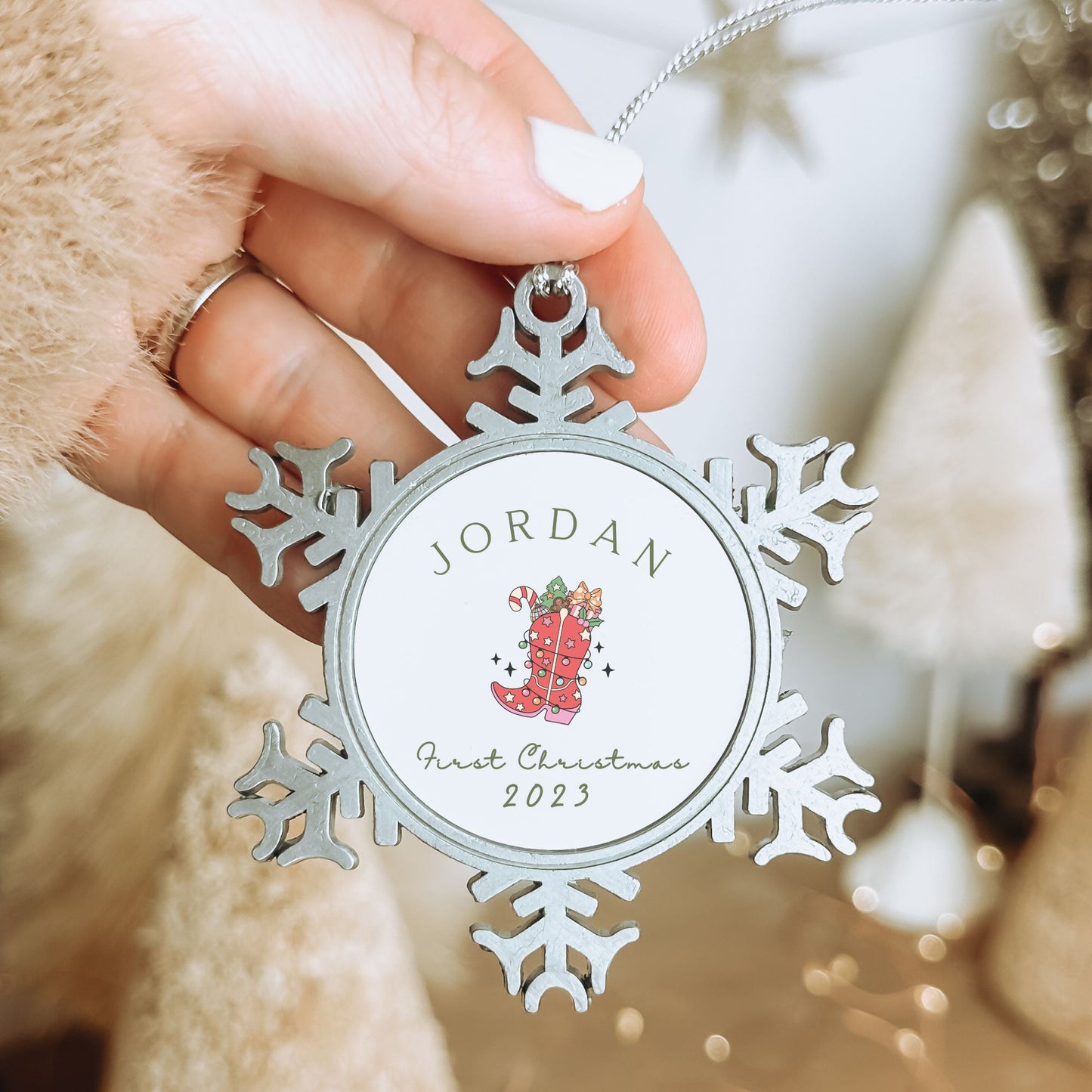 Personalised Pewter Snowflake Ornament | Holiday Cowgirl Boot