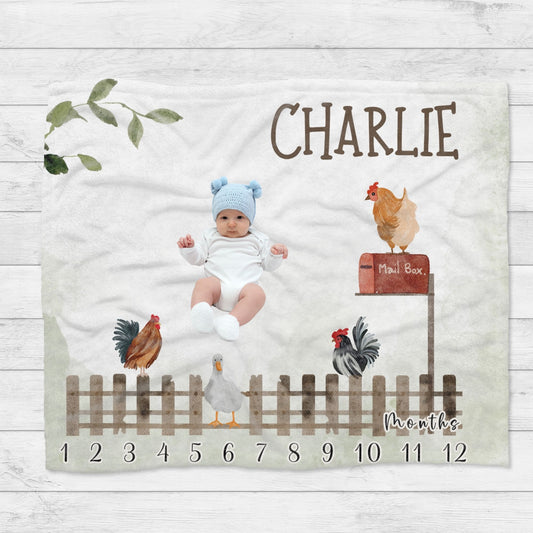 Personalised Farmhouse Chicken Baby Milestone Blanket