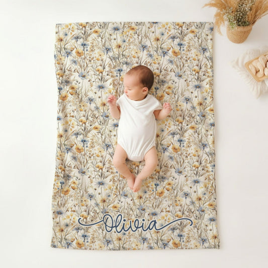 Personalised Blue Wildflower Baby Blanket