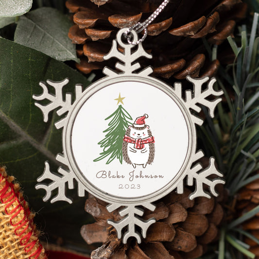 Personalized Pewter Snowflake Ornament | Hedgehog &Christmas Tree