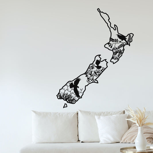 New Zealand map with native birds wall decal