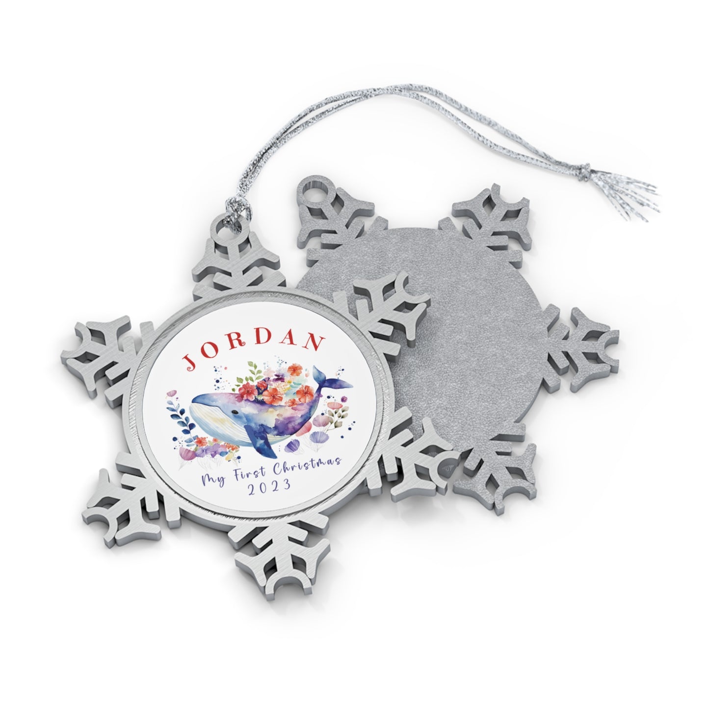Personalized Pewter Snowflake Ornament | Floral Whale