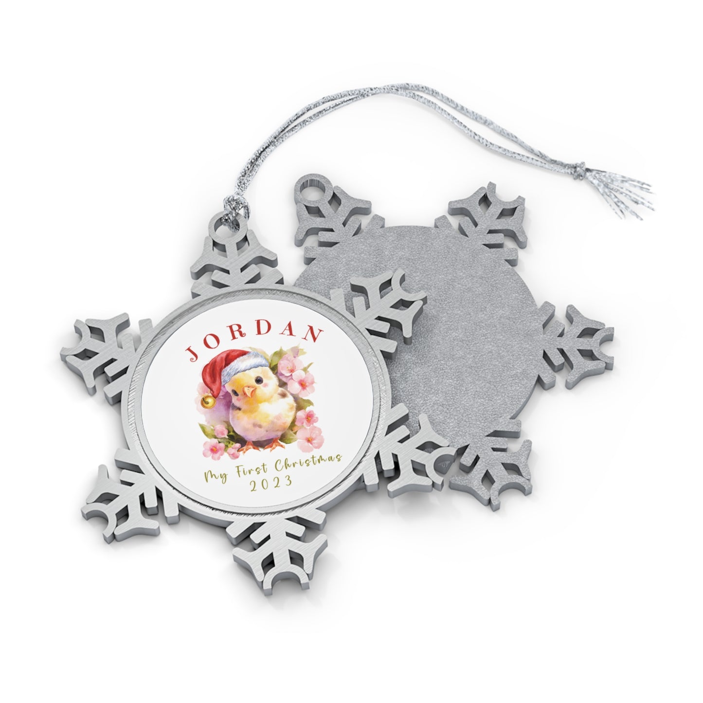 Personalized Pewter Snowflake Ornament | Baby Chicken