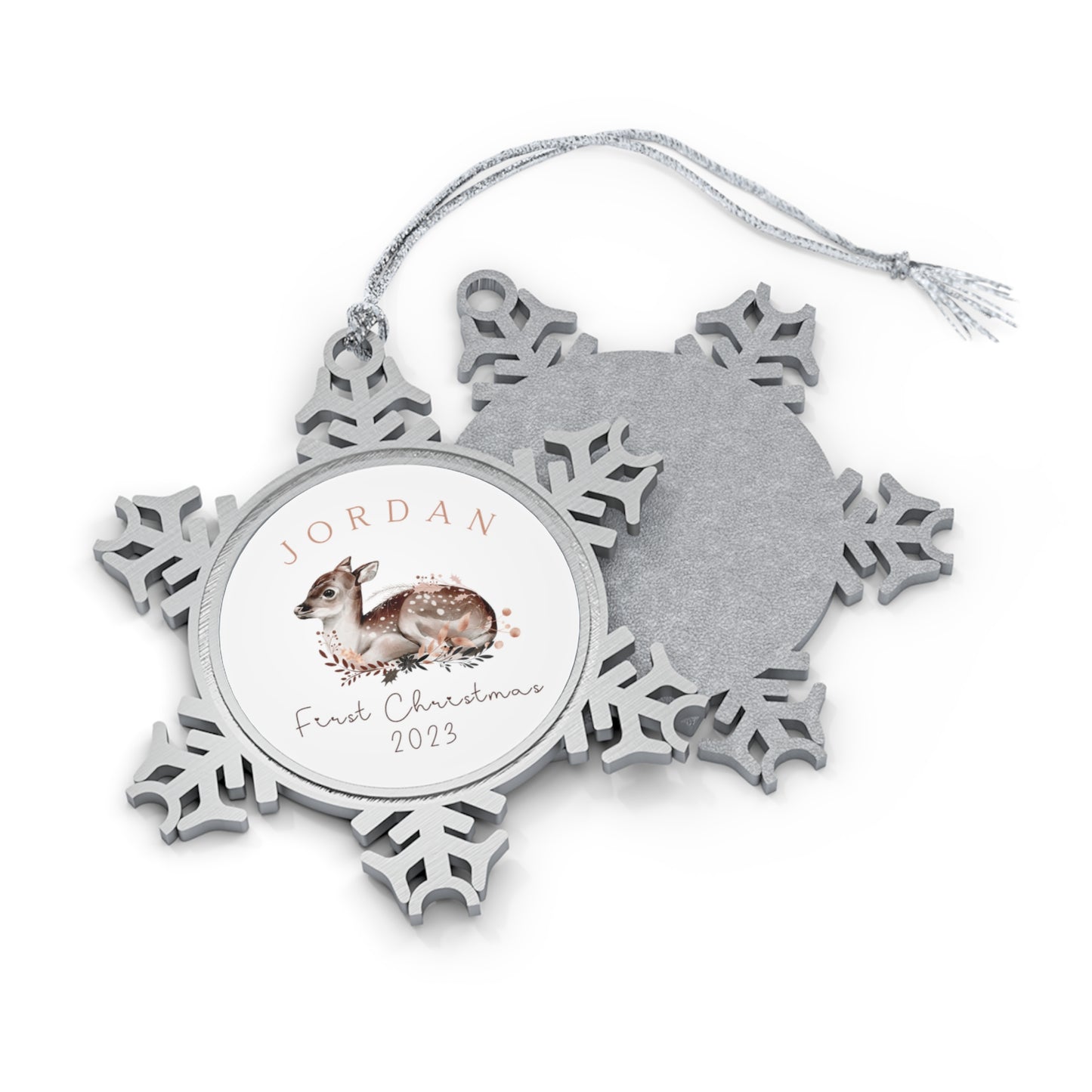 Personalized Pewter Snowflake Ornament | Woodland Deer