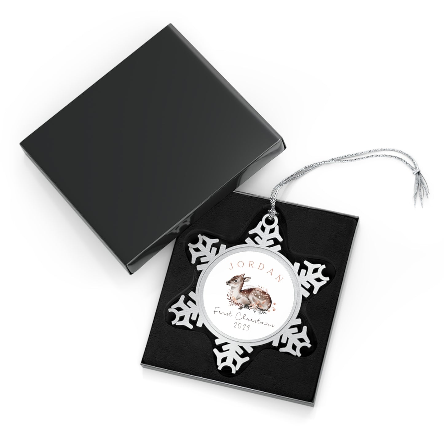 Personalized Pewter Snowflake Ornament | Woodland Deer