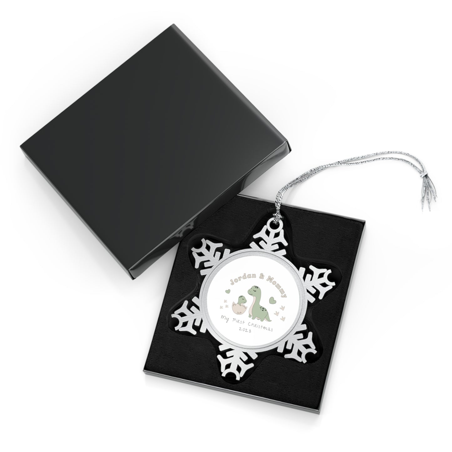 Personalised Pewter Snowflake Ornament | Mum and Baby Dinosaur Diplodocus