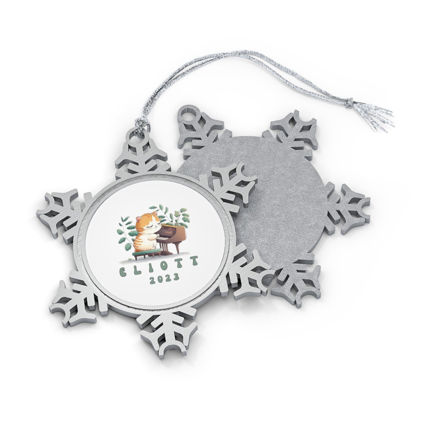 Personalised Pewter Snowflake Ornament | Cat Playing Piano