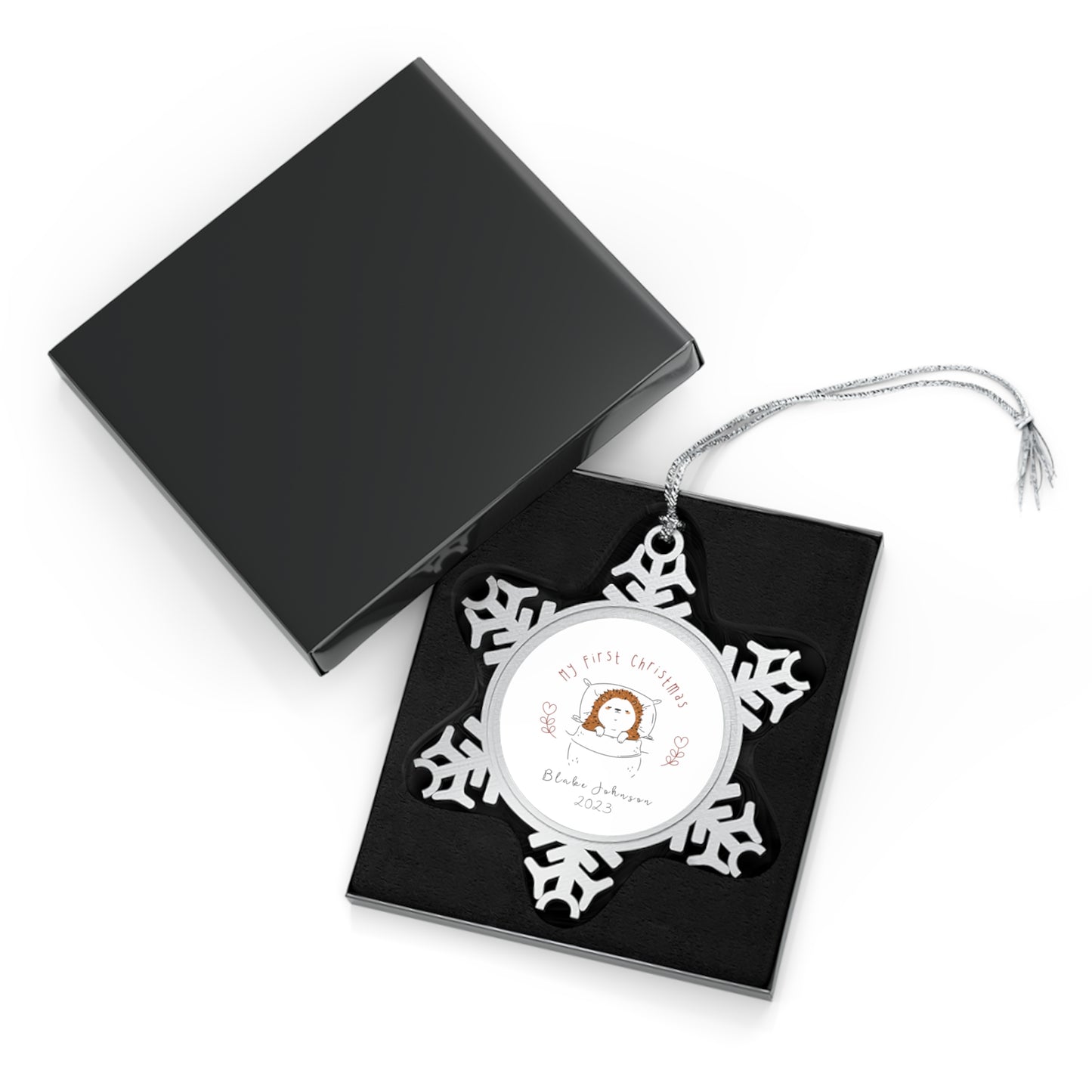 Personalised Pewter Snowflake Ornament | Baby Hedgehog Sleeping