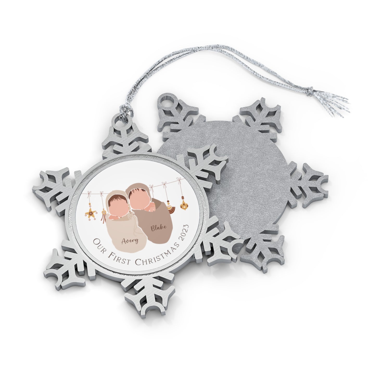 Personalised Pewter Snowflake Ornament | Baby Twins First Christmas