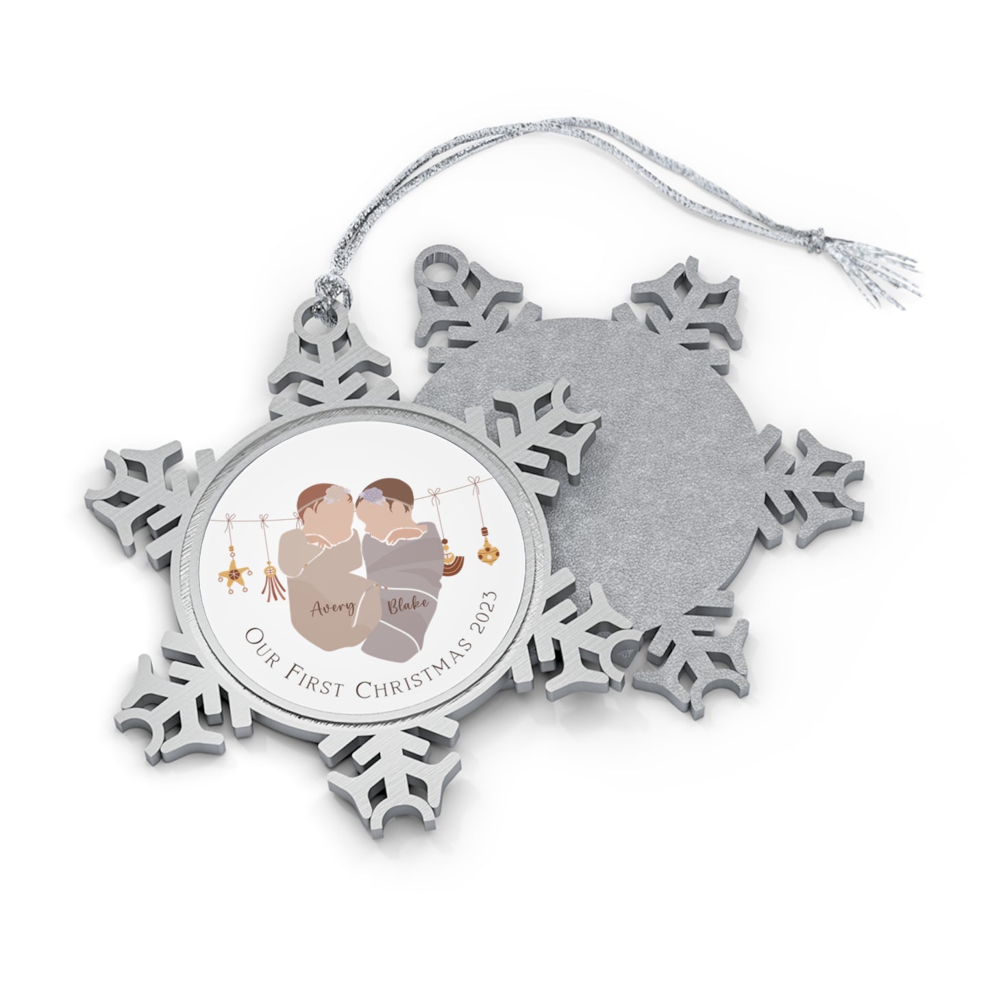 Personalised Pewter Snowflake Ornament | Baby Girl Twins First Christmas