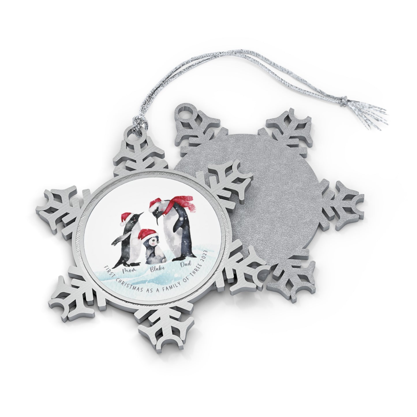 Personalised Pewter Snowflake Ornament | Penguin Family of 3