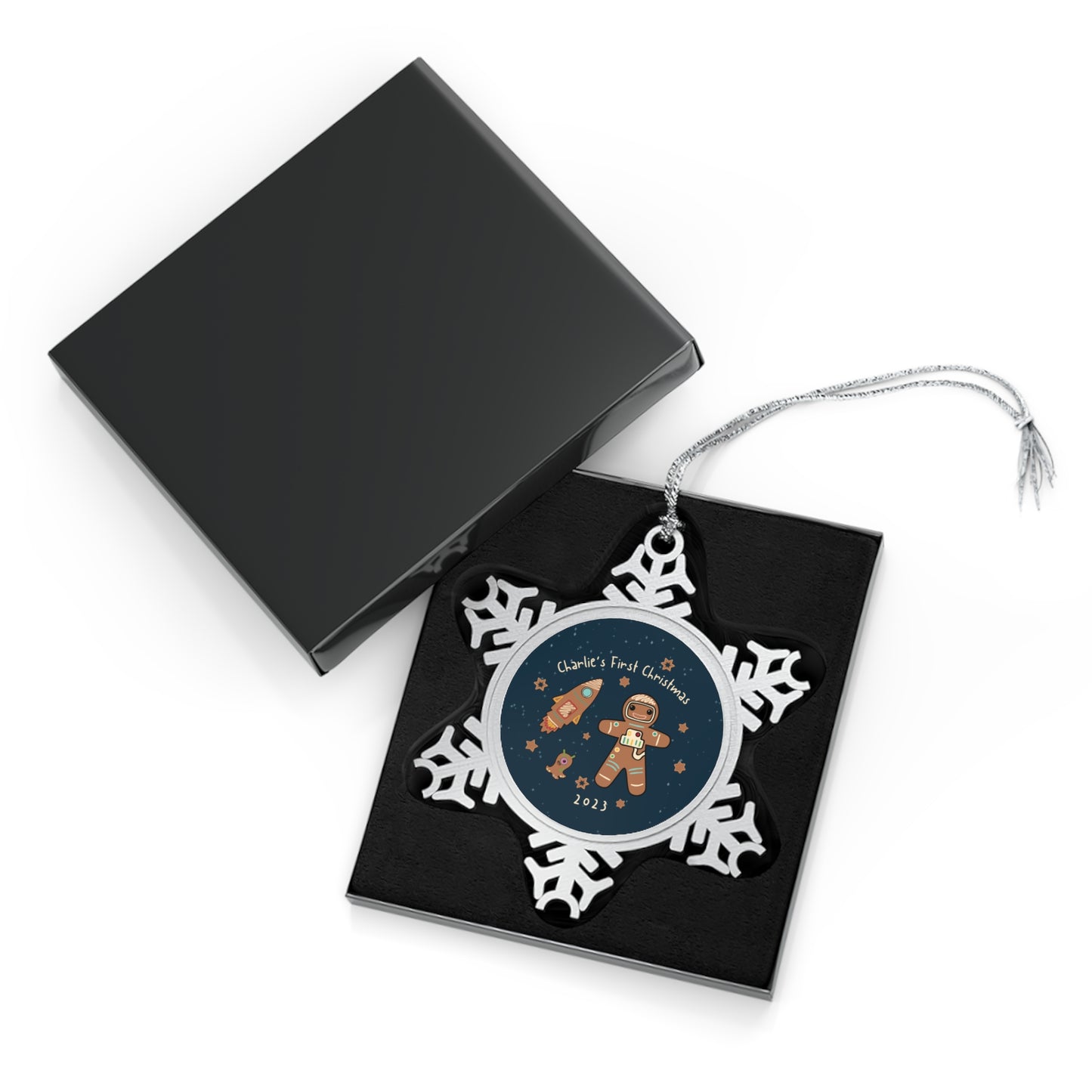 Personalised Pewter Snowflake Ornament | Gingerbread Astronaut