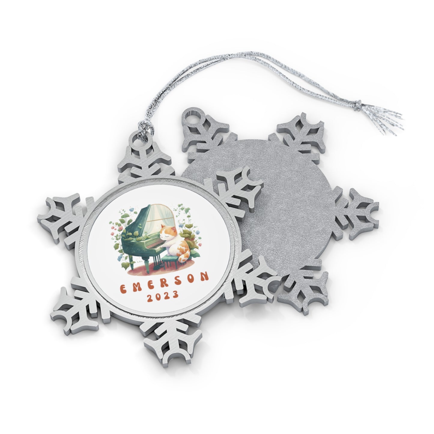 Personalised Pewter Snowflake Ornament | Funny Cat Play Piano