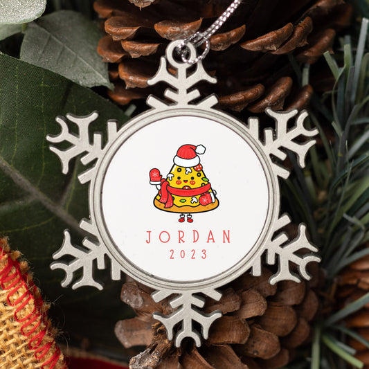 Personalized Pewter Snowflake Ornament | Kawaii Pizza
