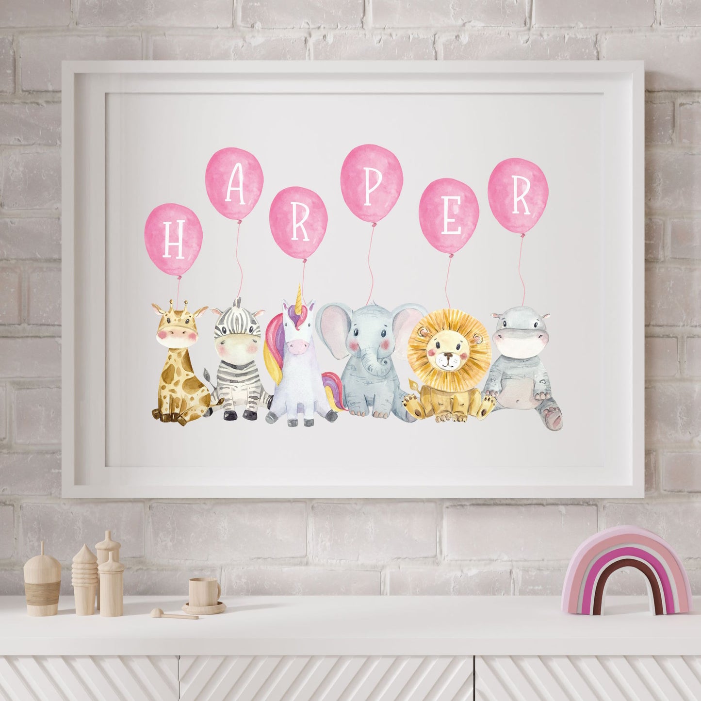 personalised name jungle animal pink balloons nursery print