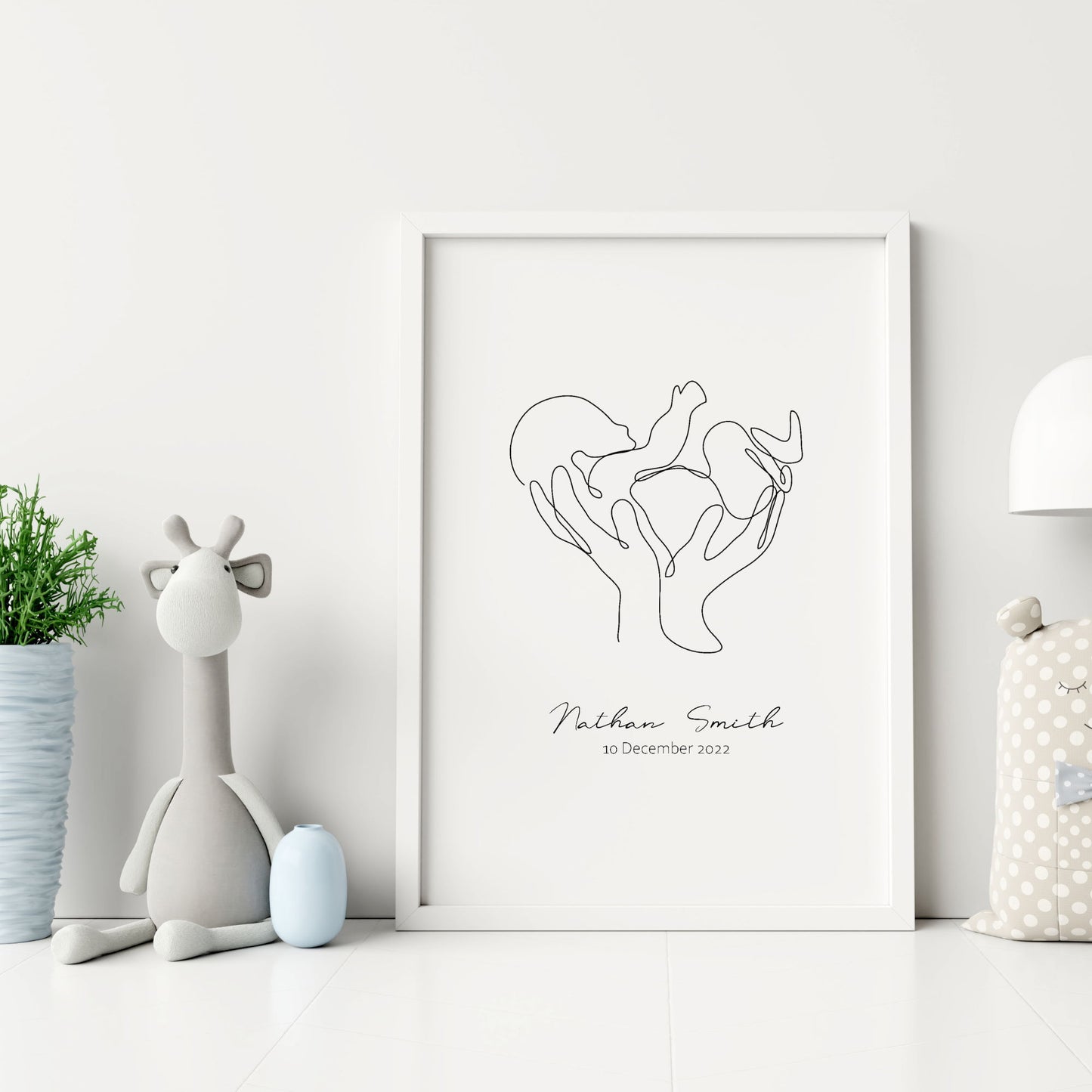 custom name baby in parent's hands line drawing wall art print