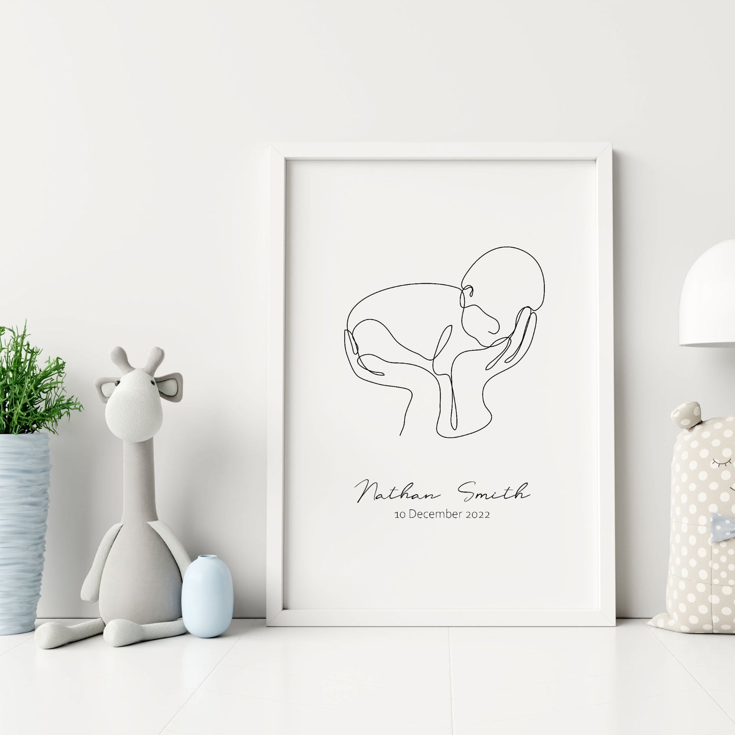 custom name baby in parent's hands line drawing wall art print
