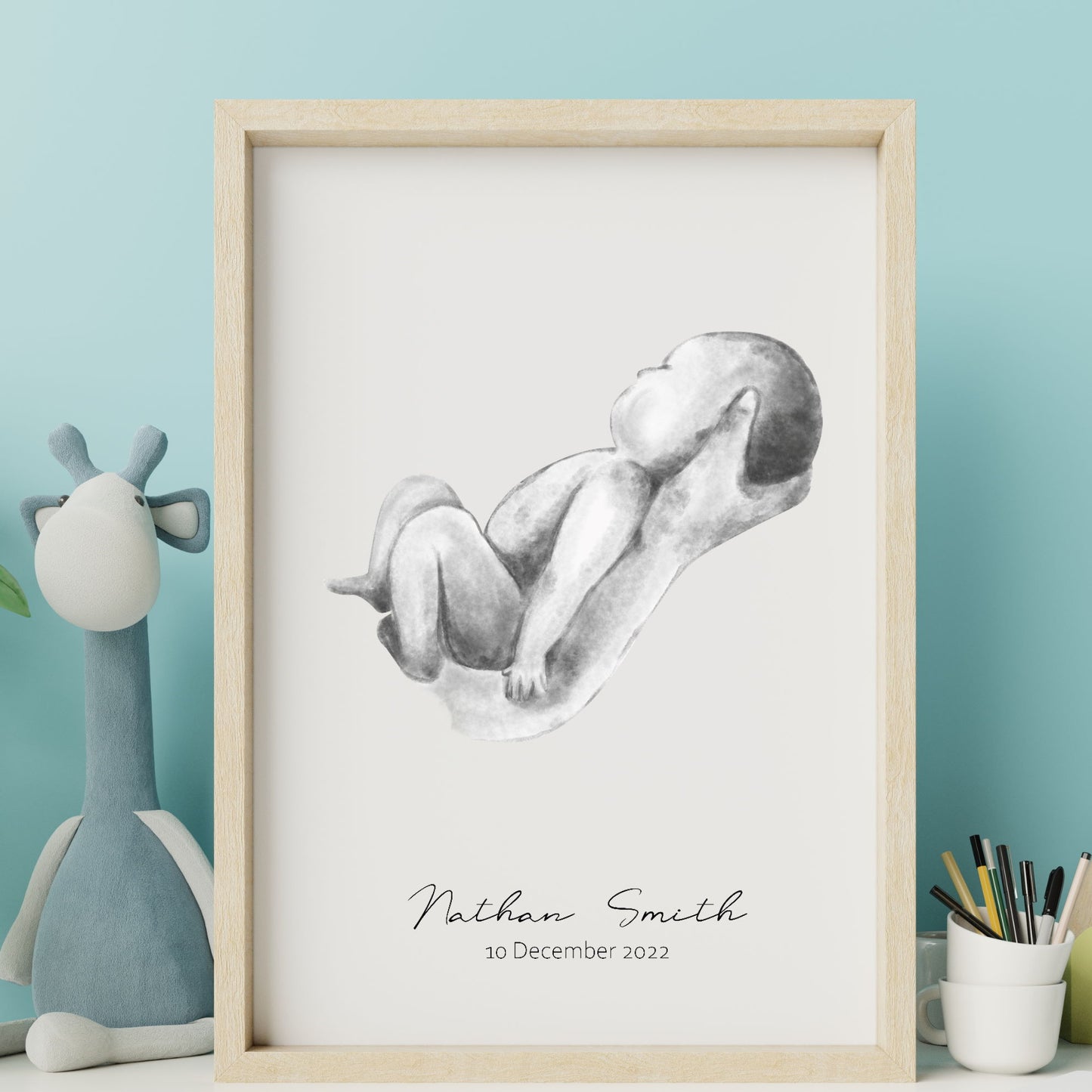 Personalised baby in parent's hands watercolour art print