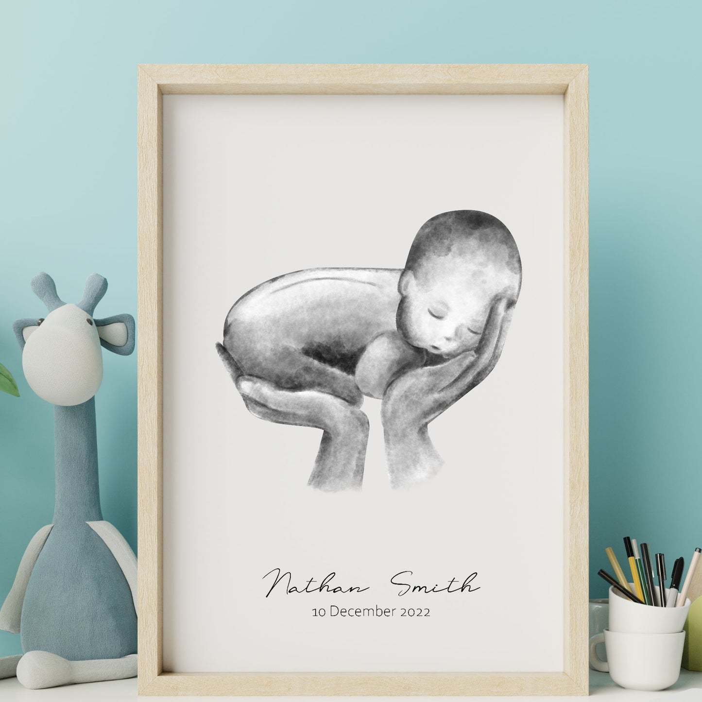 Personalised baby in parent's hands watercolour art print