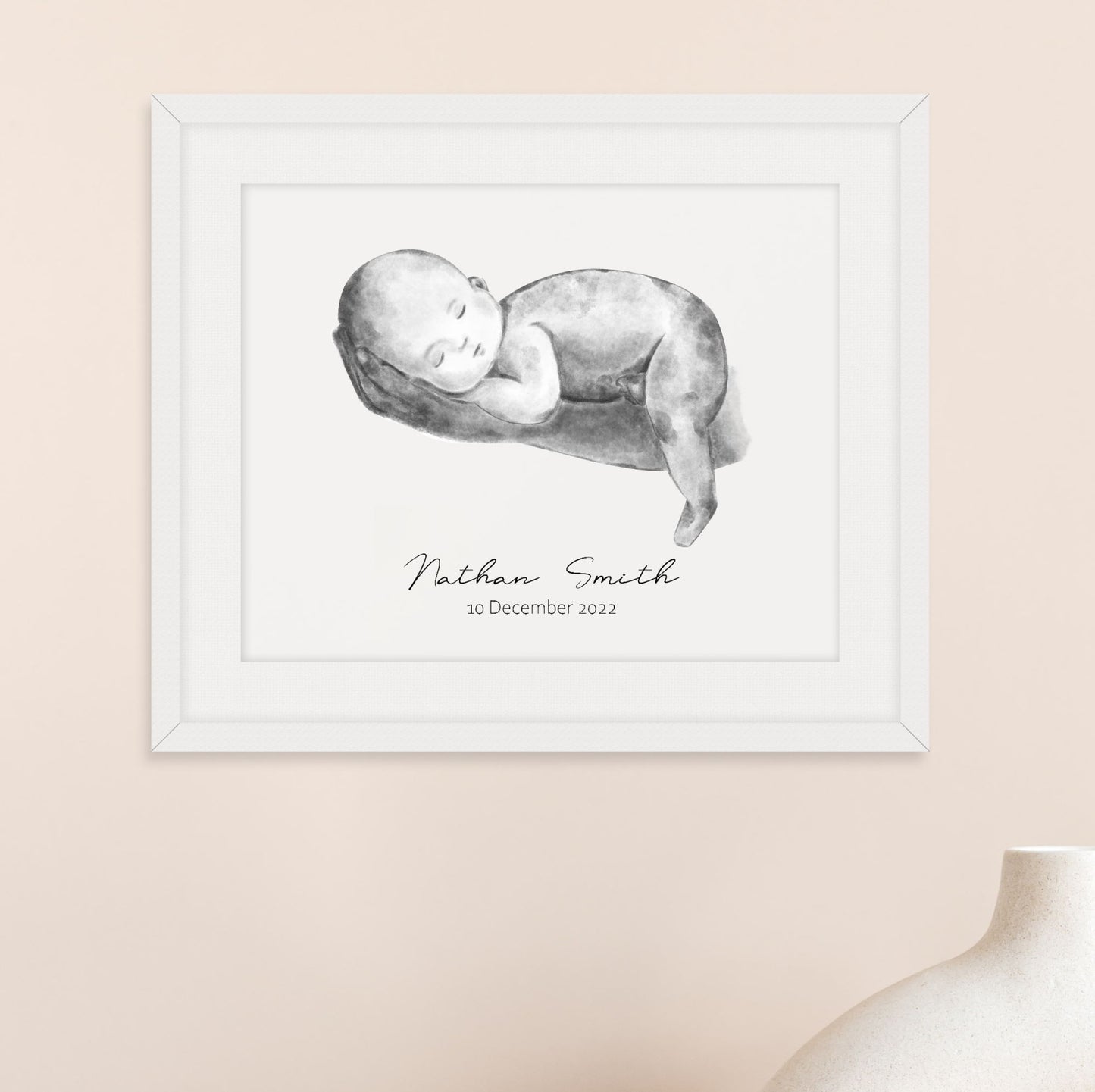 Personalised baby in parent's hands watercolour art print