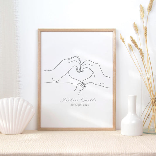 custom name baby hands line drawing wall art print