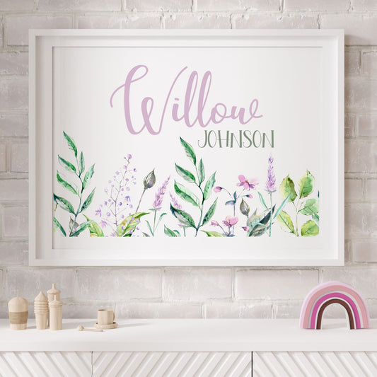 personalised name wildflower wall art print