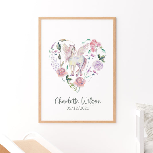 personalised name Pegasus flower heart wall art print