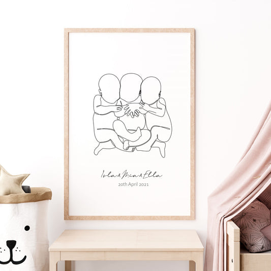 custom name triplets line drawing wall art print