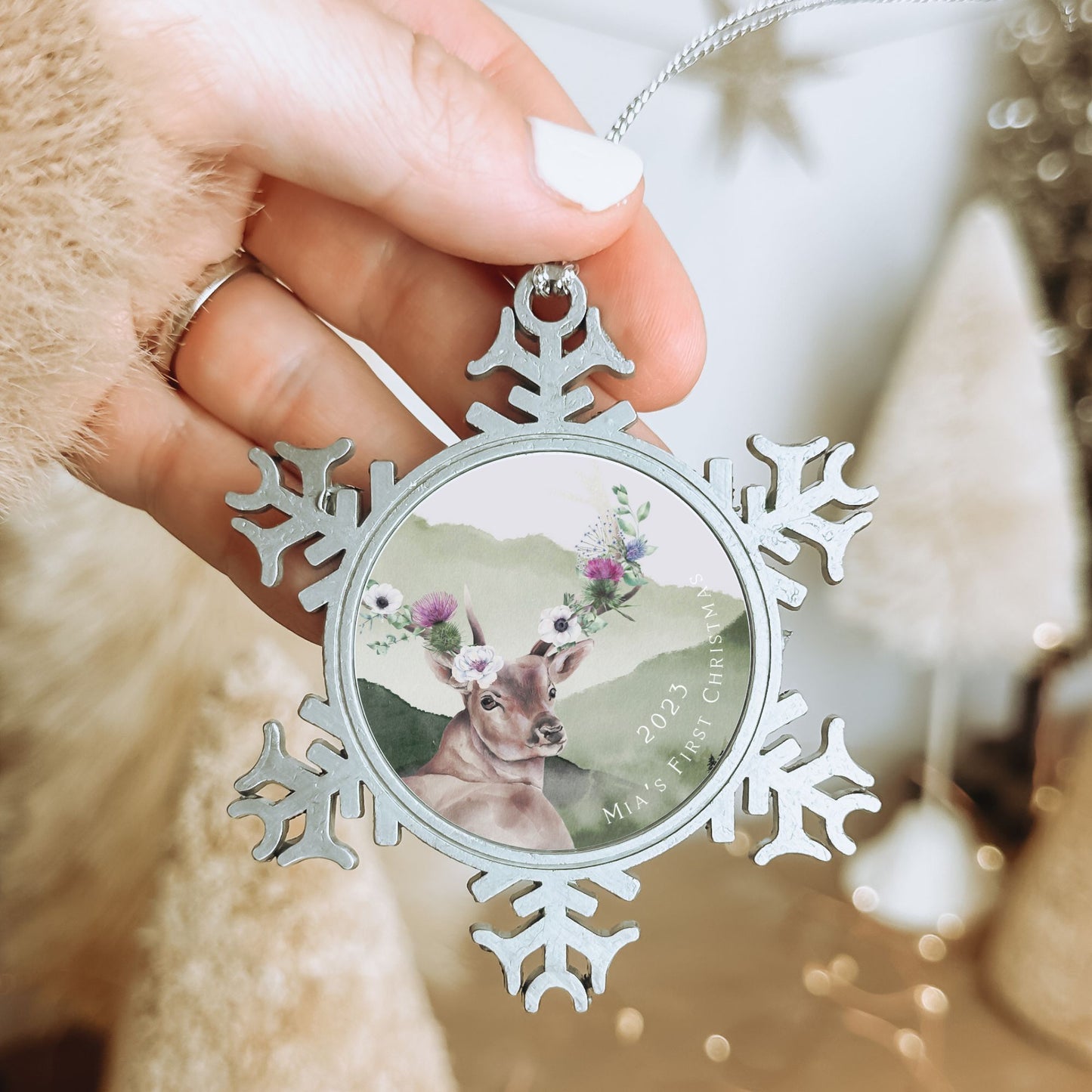 Personalised Pewter Snowflake Ornament | Floral Deer Stag