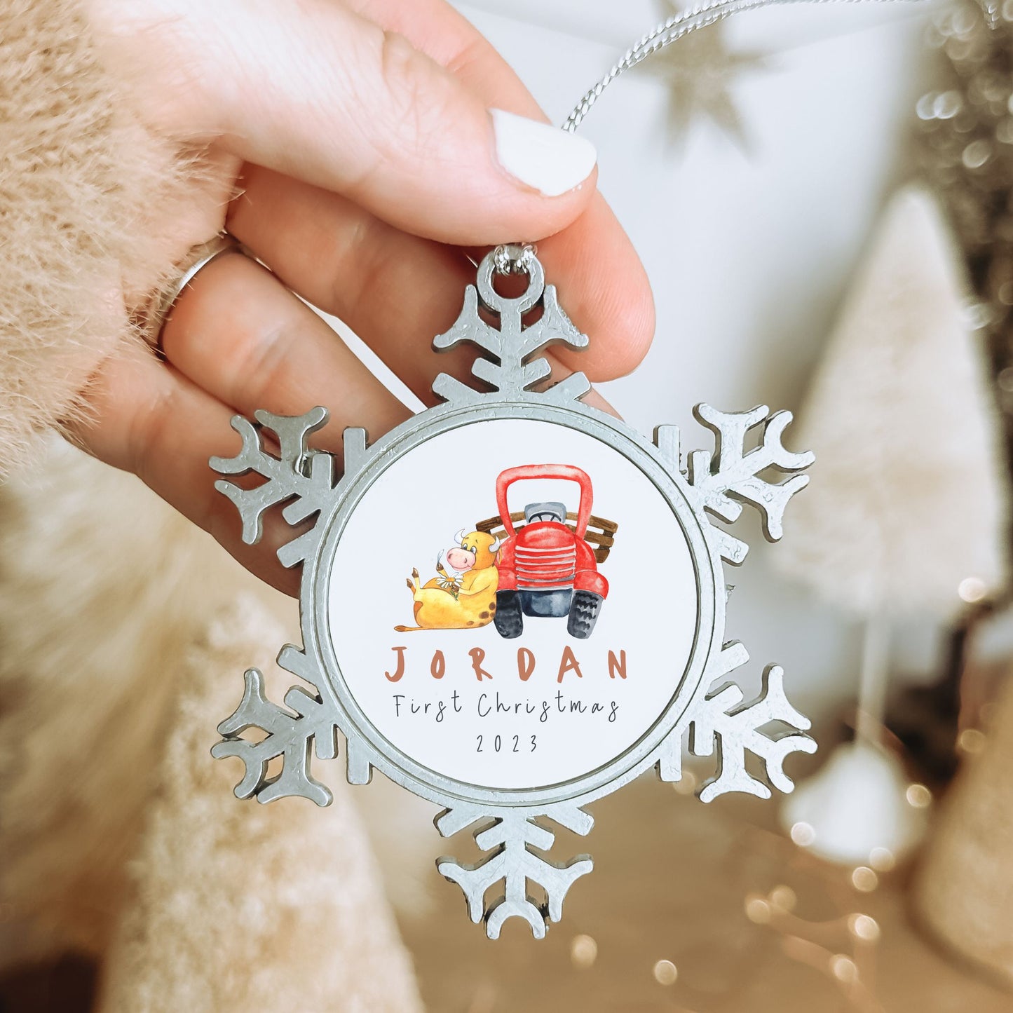 Personalized Pewter Snowflake Ornament | Farm Tractor