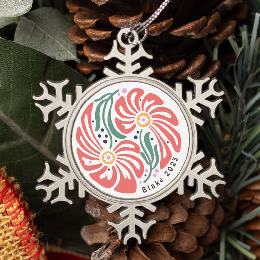 Personalised Pewter Snowflake Ornament | Retro Flowers