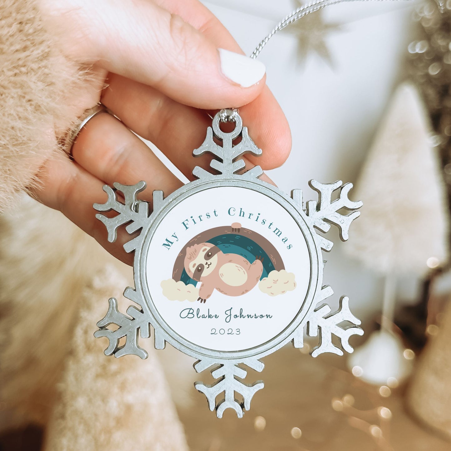 Personalised Pewter Snowflake Ornament | Baby Sloth