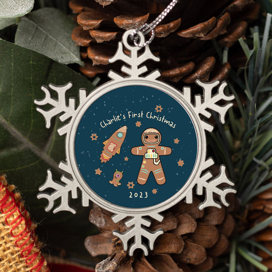 Personalised Pewter Snowflake Ornament | Gingerbread Astronaut