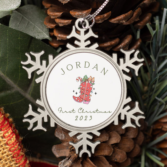 Personalised Pewter Snowflake Ornament | Holiday Cowgirl Boot