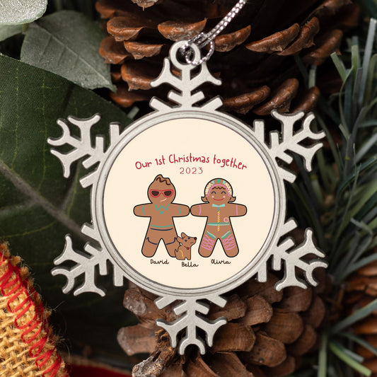 Personalised Pewter Snowflake Ornament | Gingerbread Men Couple with Dog