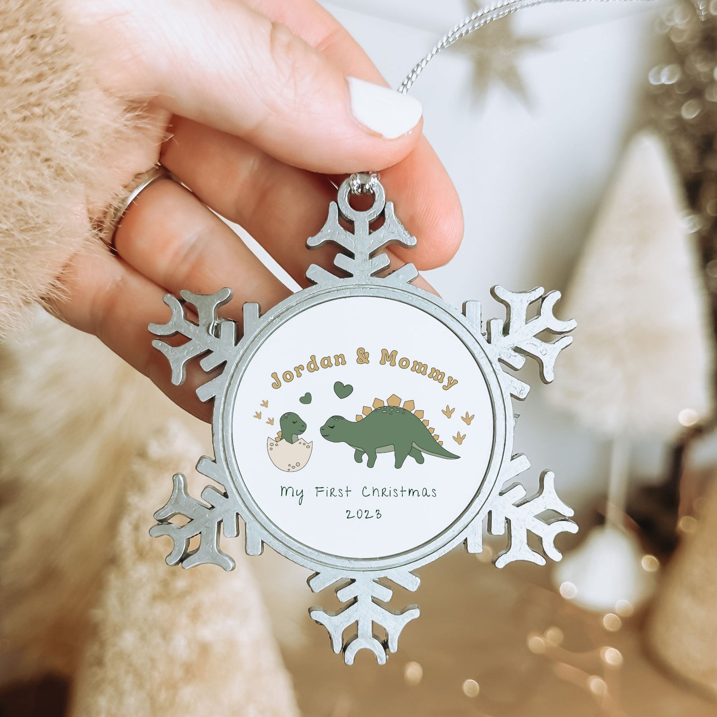 Personalised Pewter Snowflake Ornament | Mum and Baby Dinosaur Stegosaurus