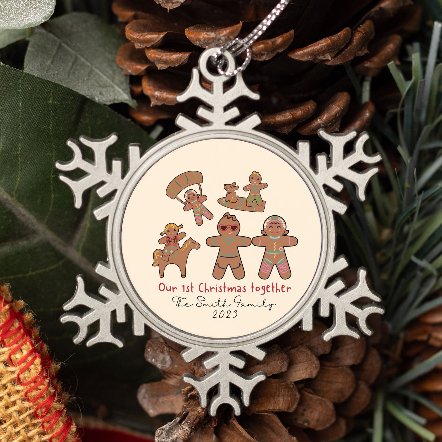 Personalised Pewter Snowflake Ornament | Gingerbread Family of 5 with Dog