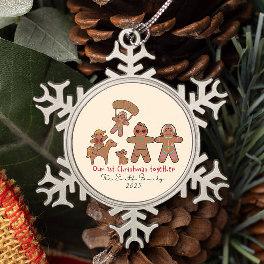 Personalised Pewter Snowflake Ornament | Gingerbread Family of 4 with Dog