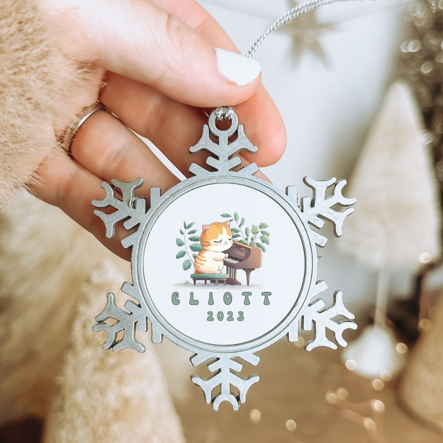 Personalised Pewter Snowflake Ornament | Cat Playing Piano