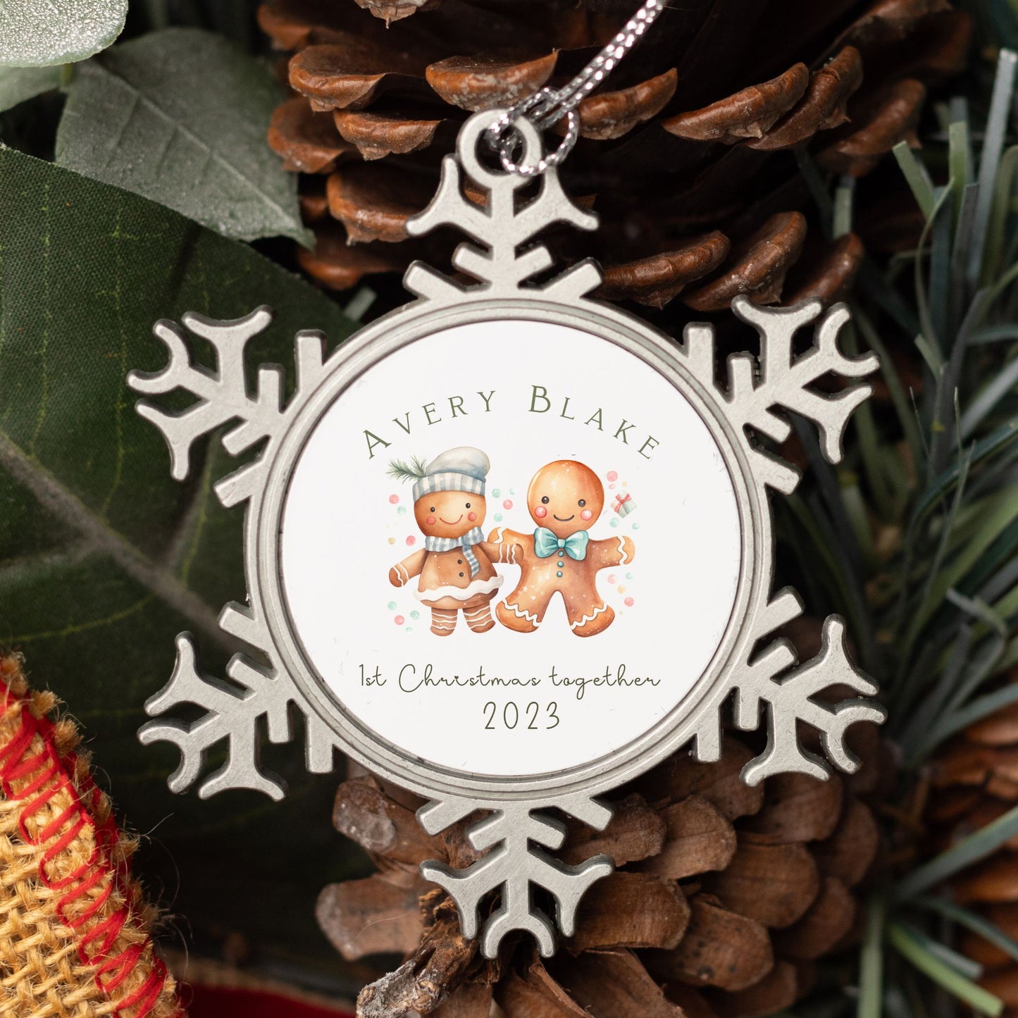 Personalised Pewter Snowflake Ornament | Gingerbread Man Friends