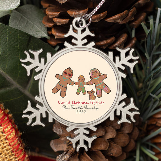 Personalised Pewter Snowflake Ornament | Gingerbread Family of 3 with Dog