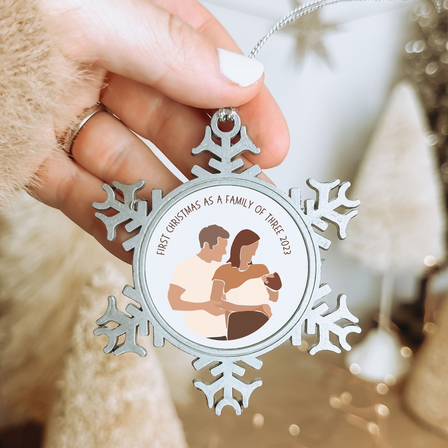 Personalised Pewter Snowflake Ornament | 1st Christmas as Family of 3
