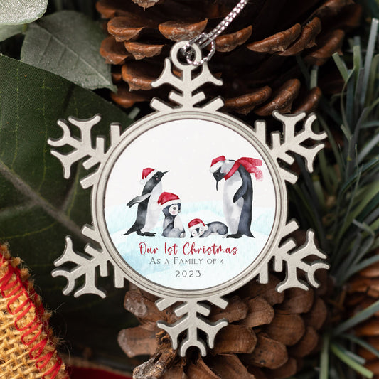 Personalised Pewter Snowflake Ornament | Penguin Family of 4