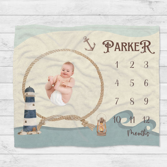 Personalised Nautical Rope Lighthouse Baby Millstone Blanket