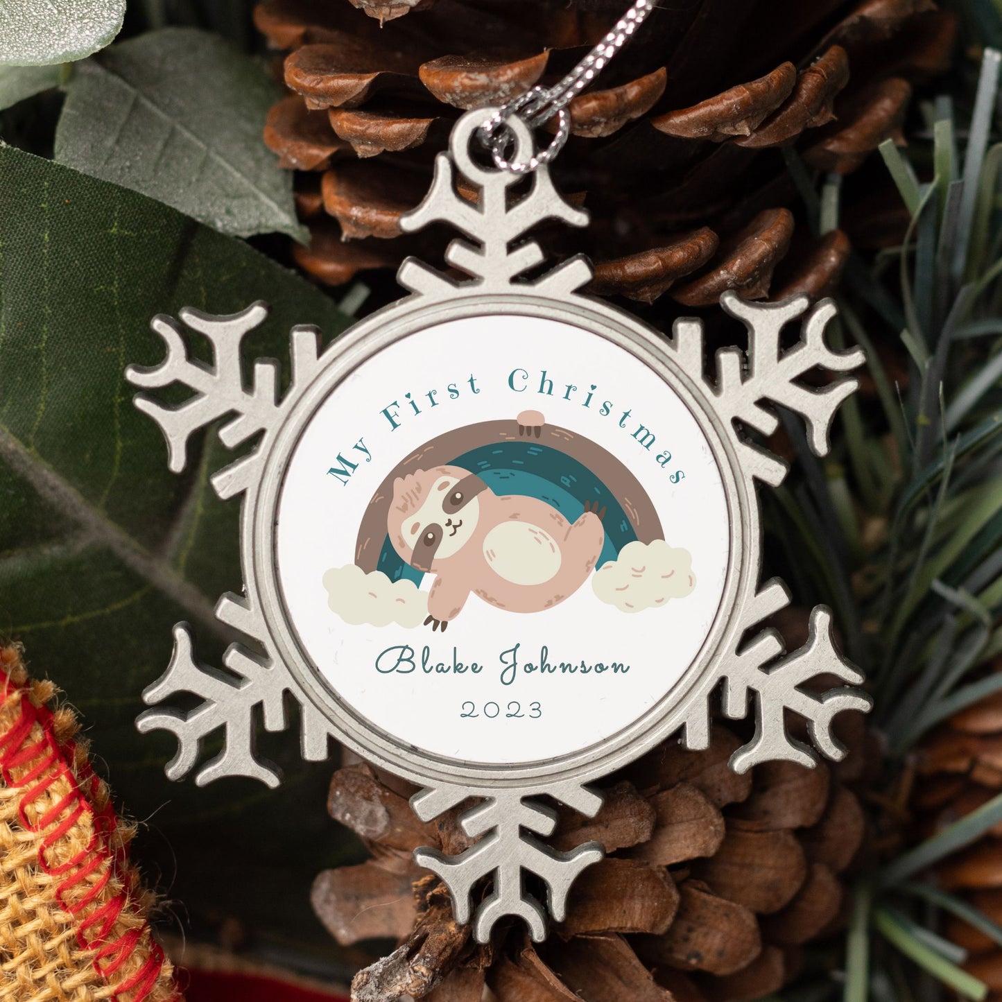Personalised Pewter Snowflake Ornament | Baby Sloth