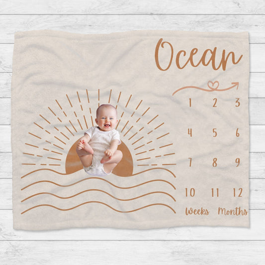Personalised Boho Ocean Sun Rise Baby Milestone Blanket