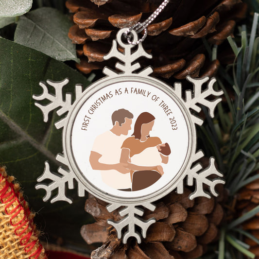 Personalised Pewter Snowflake Ornament | 1st Christmas as Family of 3