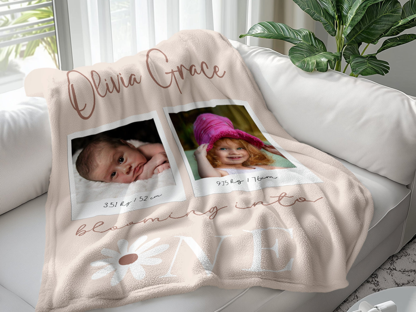 Personalised 1st Birthday Baby Girl Daisy Blanket with Photos