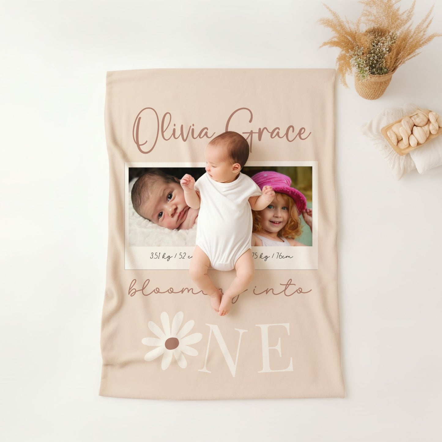 Personalised 1st Birthday Baby Girl Daisy Blanket with Photos